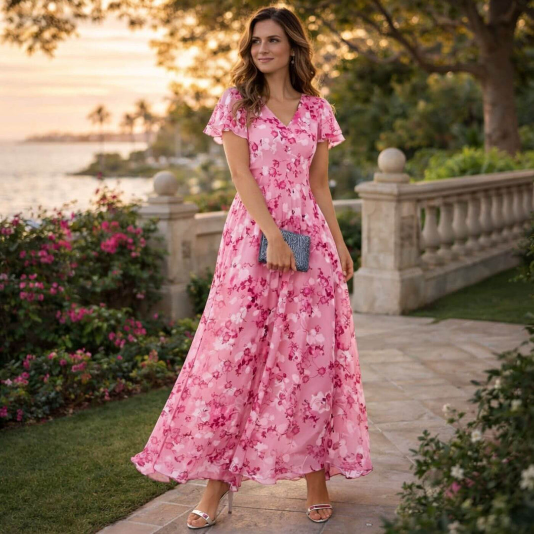 Vestido floral maxi de mujer con escote V. Estilo elegante y fluido, ideal para un look romántico de verano o fiesta.