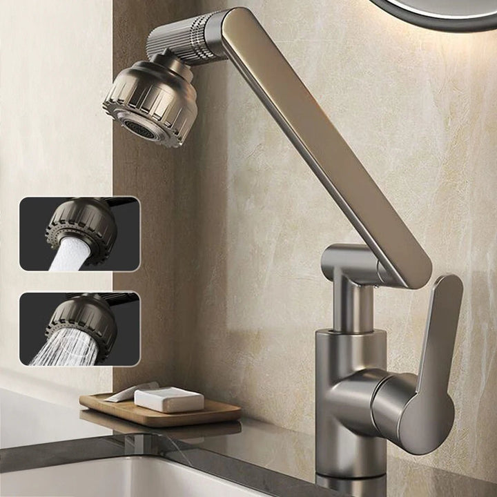 Grifo de cocina AquaFlex flexible con brazo giratorio 360°, ideal para fregaderos modernos.
