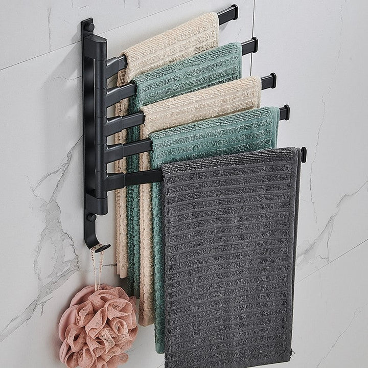 Toallero de pared regulable negro con 5 brazos metálicos. Organizador de baño moderno para el hogar.
