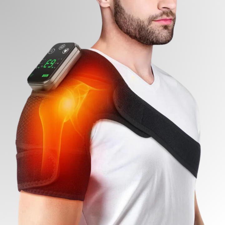 Masajeador de hombros ajustable con calor y vibración para alivio muscular.