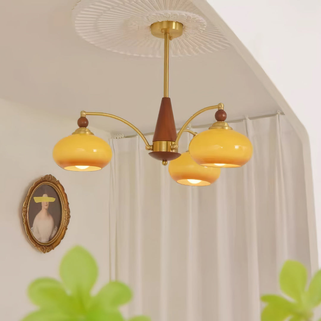 Araña de techo vintage con diseño retro, cristal opalino para luz cálida y decoración de sala.