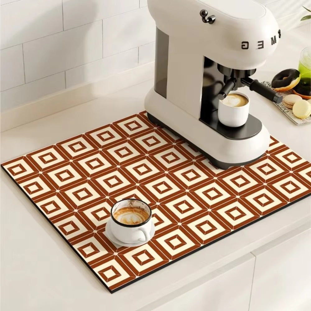 Alfombrilla de café decorativa estilo retro, ideal para organizar y secar tazas en tu cocina.