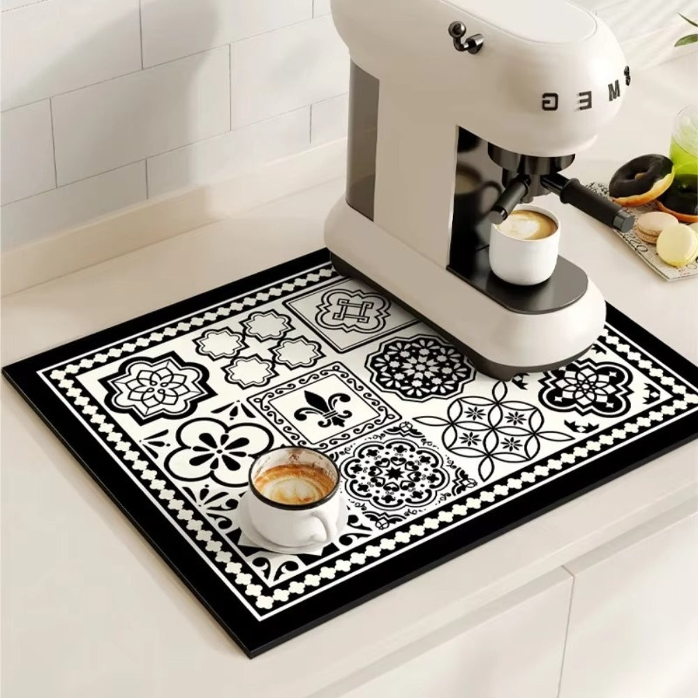 Alfombrilla retro para café, con patrón de baldosa y secado rápido para encimeras de cocina.