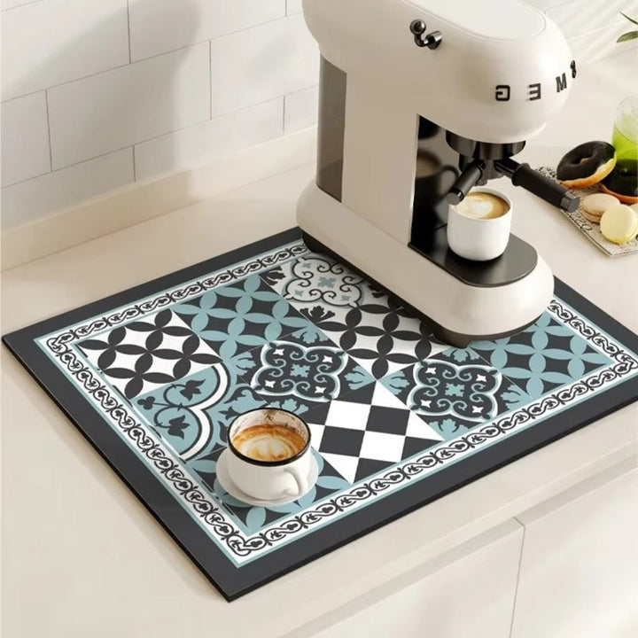 Alfombrilla absorbente para máquina de café, diseño de baldosa retro que embellece tu cocina.