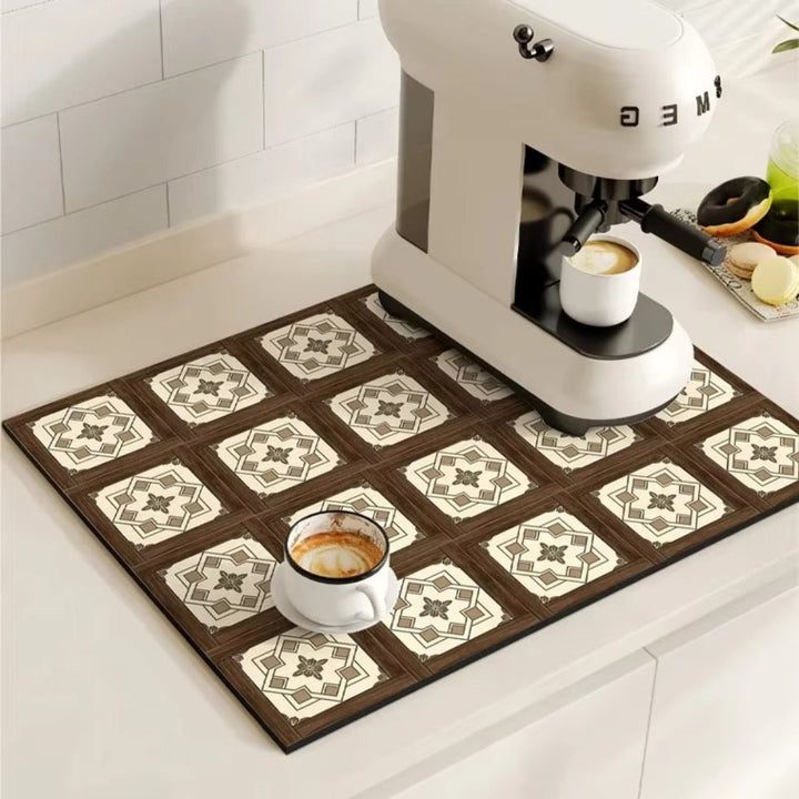 Alfombrilla de café retro con diseño de baldosa, ideal para decoración y organización de cocina.