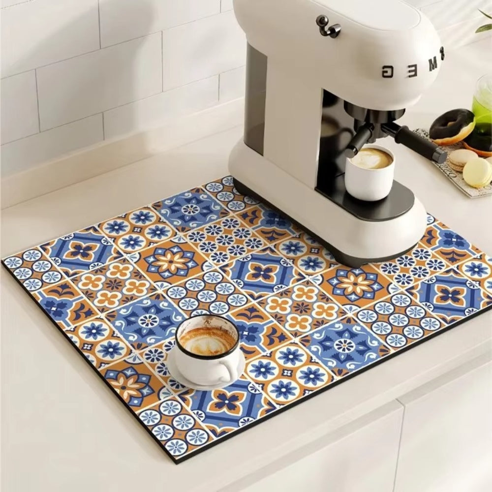 Tapete de café absorbente vintage para cafetera, protege encimeras y decora el hogar.