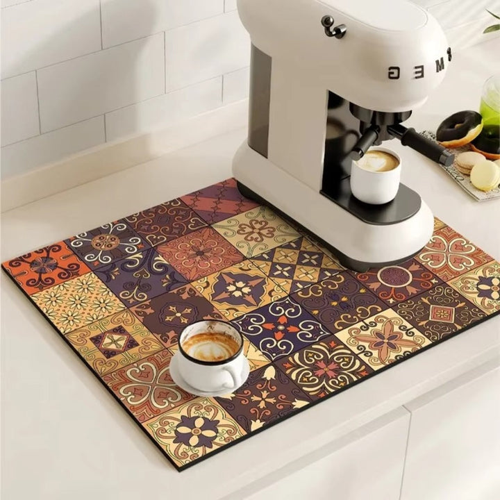 Tapete de cocina absorbente: diseño retro de baldosa para tu zona de café y organización.