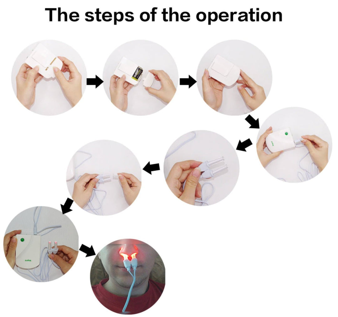 Hombre utilizando dispositivo de terapia nasal infrarroja. Alivio de congestión, rinitis y sinusitis.