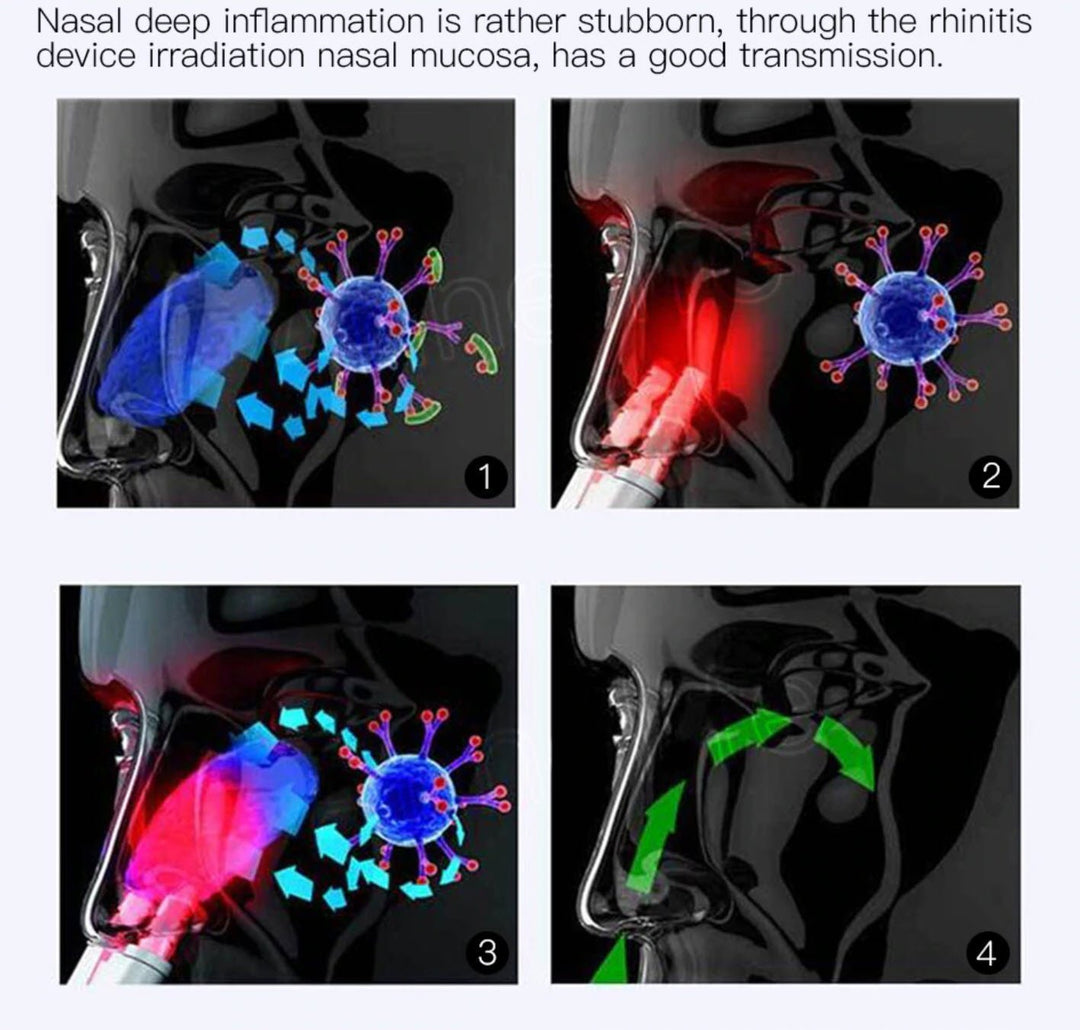 Mujer usando dispositivo de terapia nasal infrarroja para aliviar congestión y mejorar respiración.