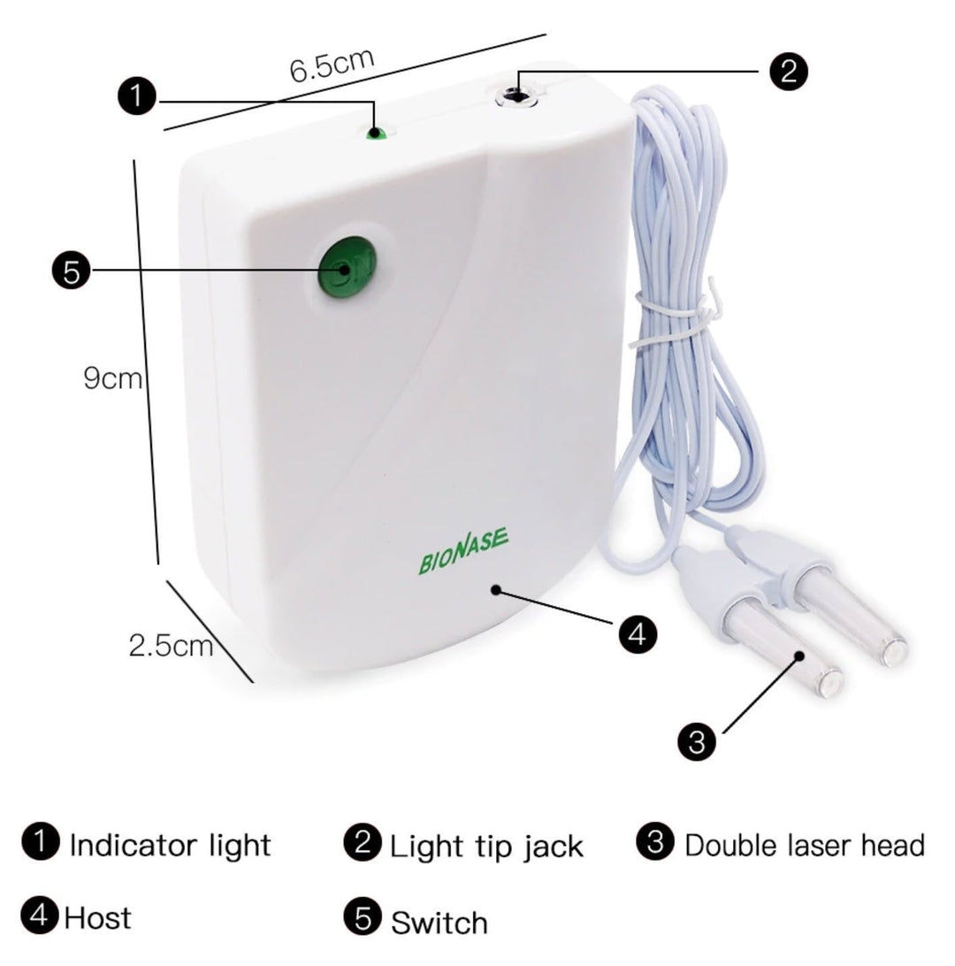 Dispositivo nasal infrarrojo para terapia. Alivio de congestión, rinitis, sinusitis. Salud respiratoria.