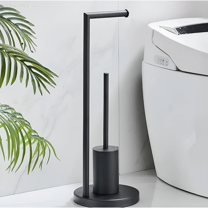 Soporte de papel higiénico y cepillo de baño moderno. Accesorio funcional que ahorra espacio para organización y decoración.