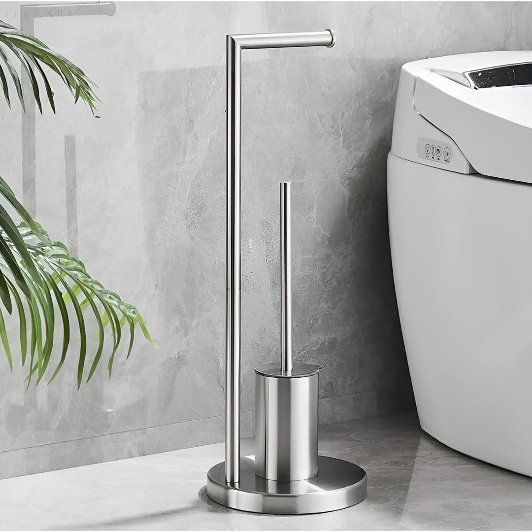 Práctico soporte de papel higiénico con cepillo de baño. Accesorio moderno para una organización y limpieza eficiente del baño.