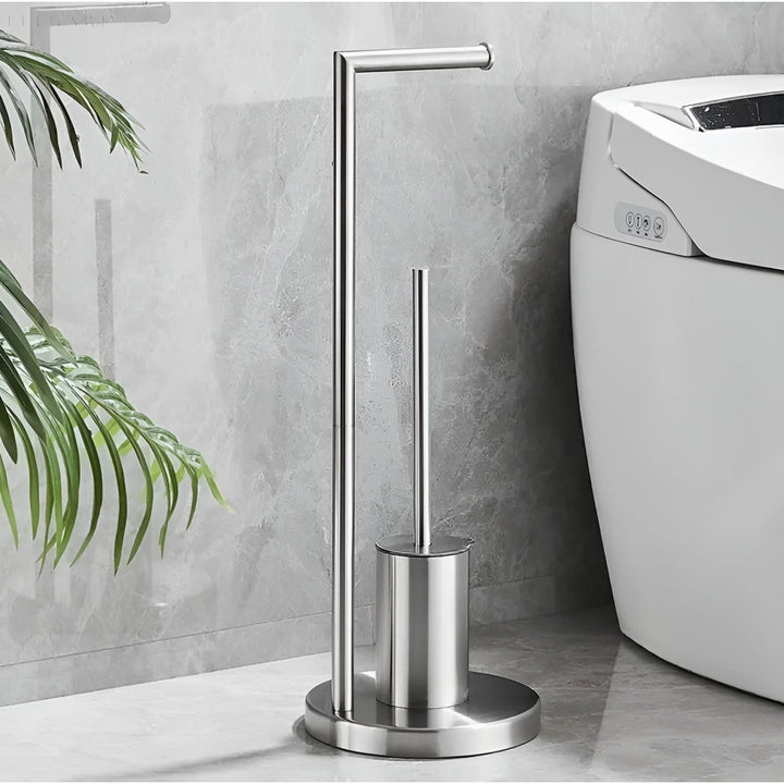 Práctico soporte de papel higiénico con cepillo de baño. Accesorio moderno para una organización y limpieza eficiente del baño.