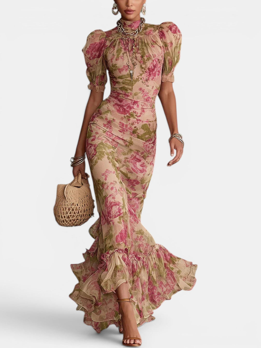 Maxivestido romántico floral de mujer con mangas abullonadas, estilo vintage elegante, ideal para ocasiones especiales.