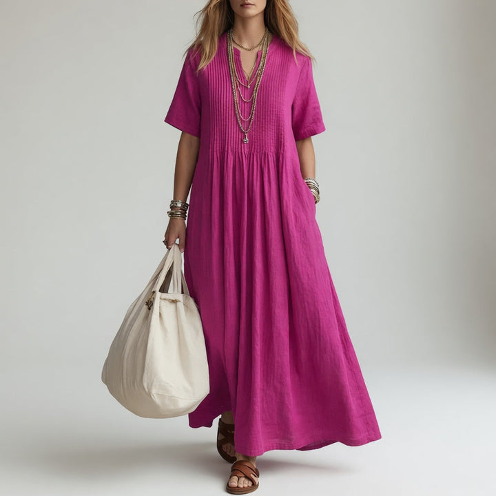 Vestido largo de verano para mujer, algodón suave, cuello V. Ideal para playa, casual y vacaciones.