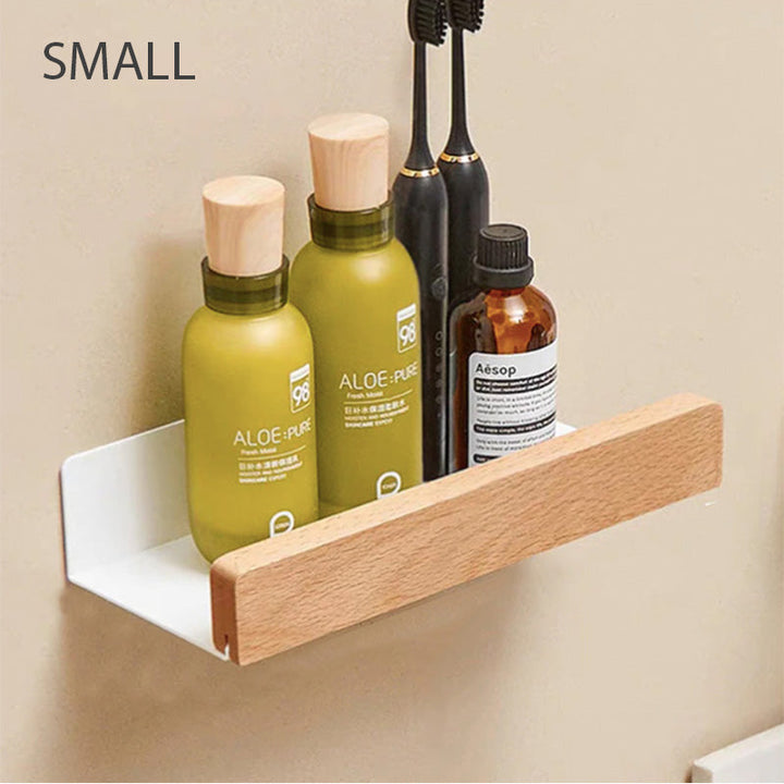Estante de baño flotante, impermeable, de madera para almacenamiento en pared, estilo minimalista.