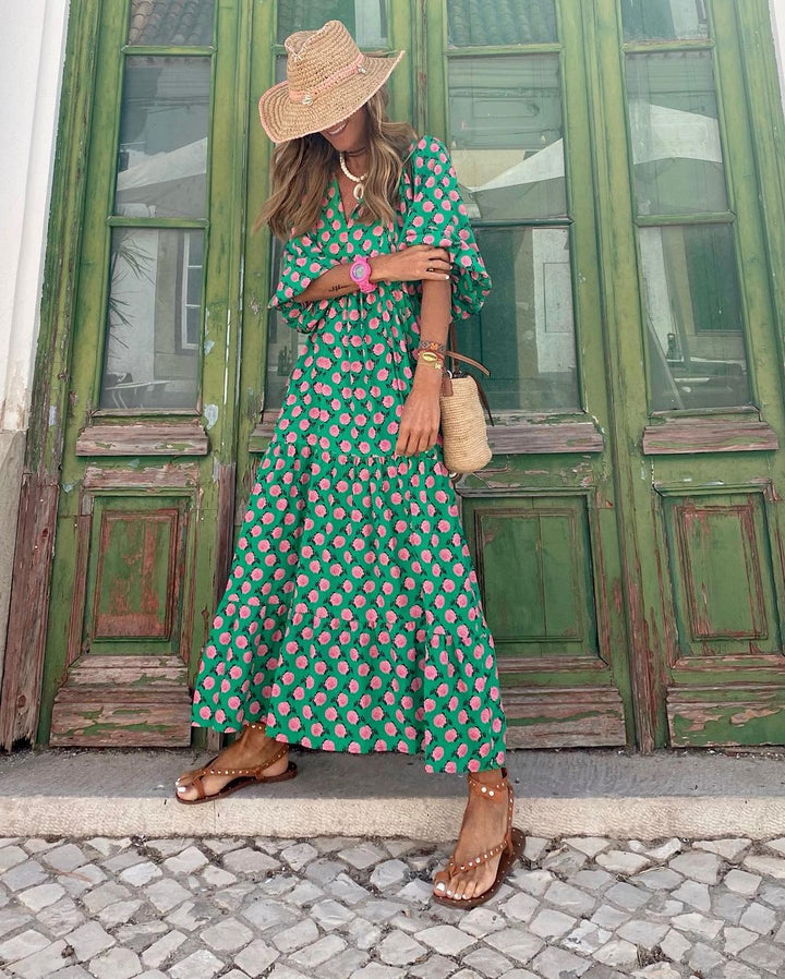 Vestido de fiesta largo para mujer, con escote V, tela fluida y bordados, cómodo y chic.
