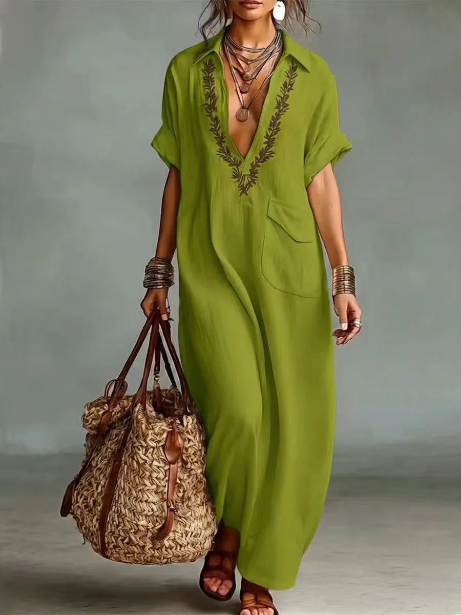 Vestido largo fluido boho para mujer, efecto lino, con bordados y bolsillos, perfecto para un look casual de verano.