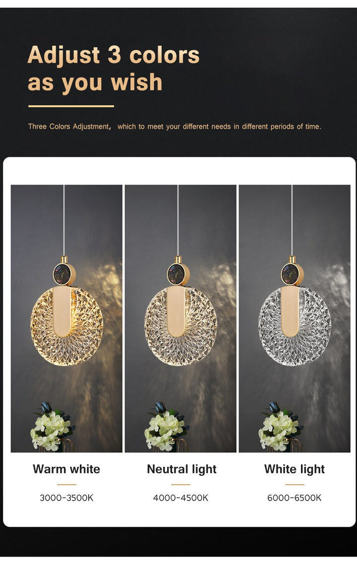 Lámpara LED redonda de cristal dorado, iluminación elegante para el hogar.