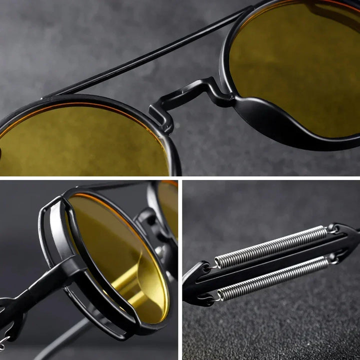 Gafas de sol redondas unisex estilo vintage con protección UV y lentes de espejo, detalles mecánicos.