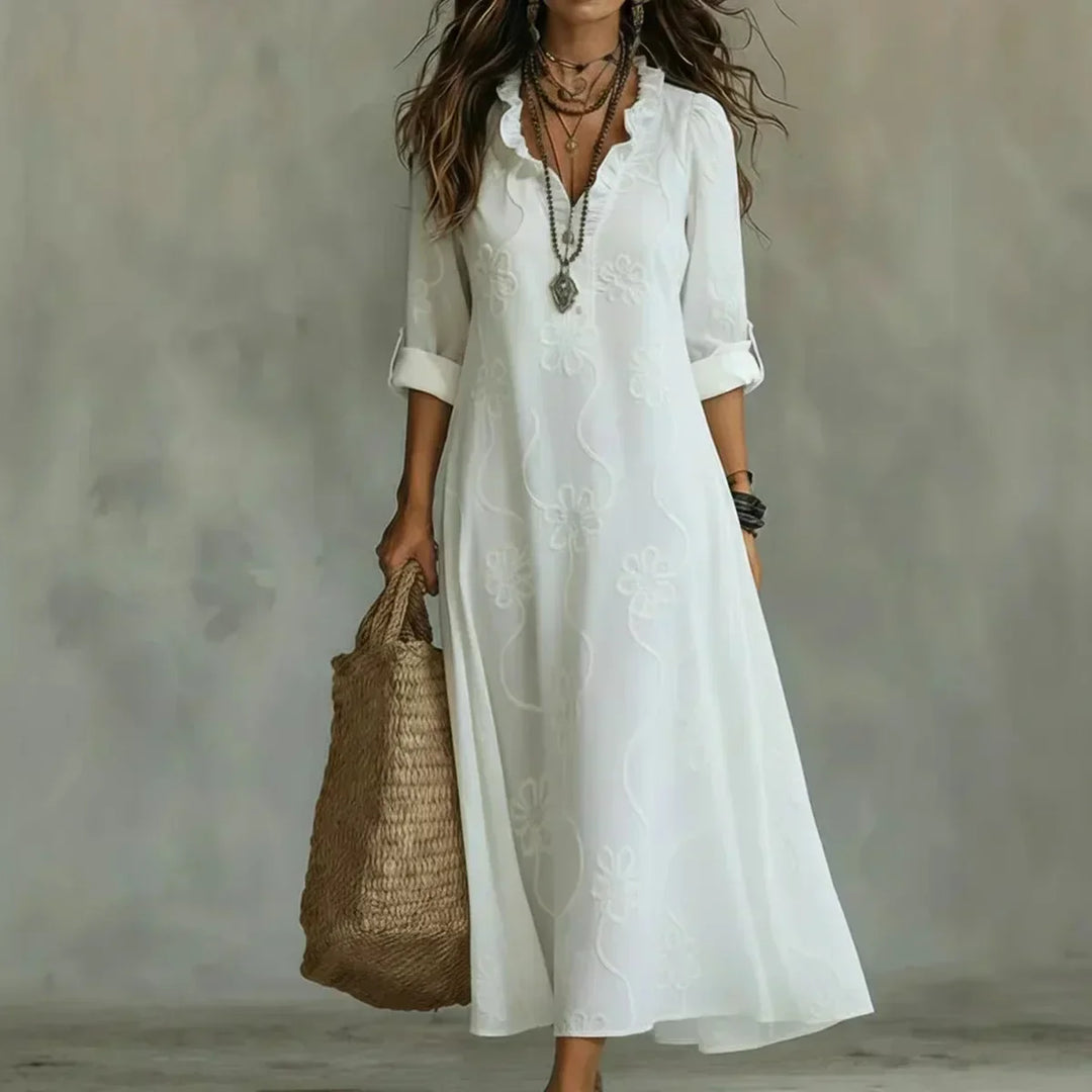Vestido largo casual de mujer con cuello en V, bordado floral y mangas enrollables, para ropa de día.