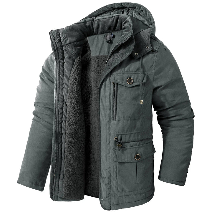 Chaqueta acolchada de invierno para hombre, estilo casual. Con capucha y diseño robusto para moda y protección.