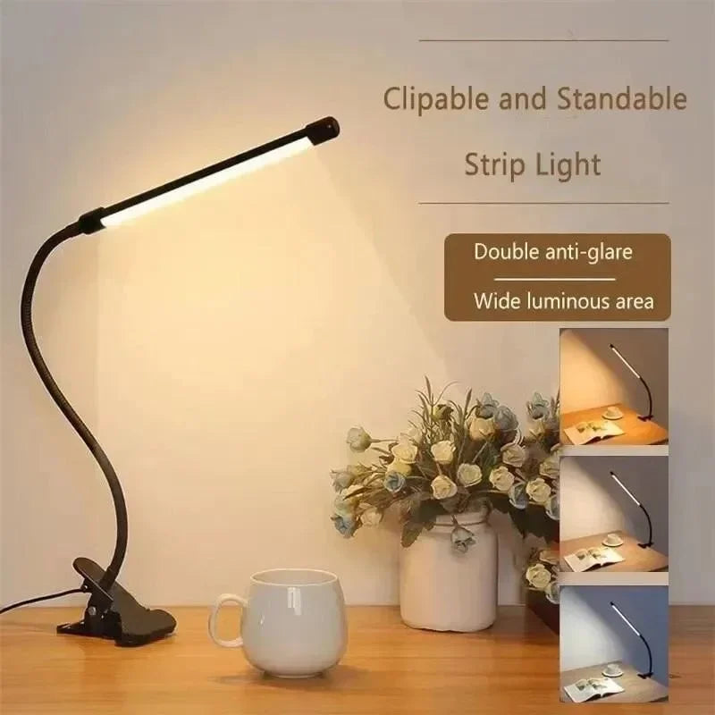 Lámpara de lectura LED amigable con los ojos. Pinza USB regulable para escritorio o cabecero. Iluminación interior.