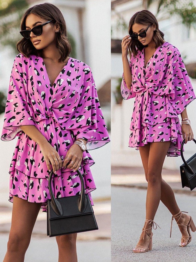 Vestido mini floral vibrante para mujer, escote en V, chic y cómodo para primavera/verano.
