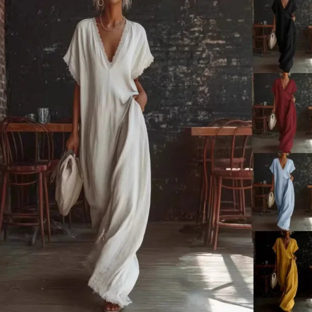 Vestido largo de mujer con encaje y escote V, estilo veraniego elegante. Ideal para fiesta, vacaciones o casual.