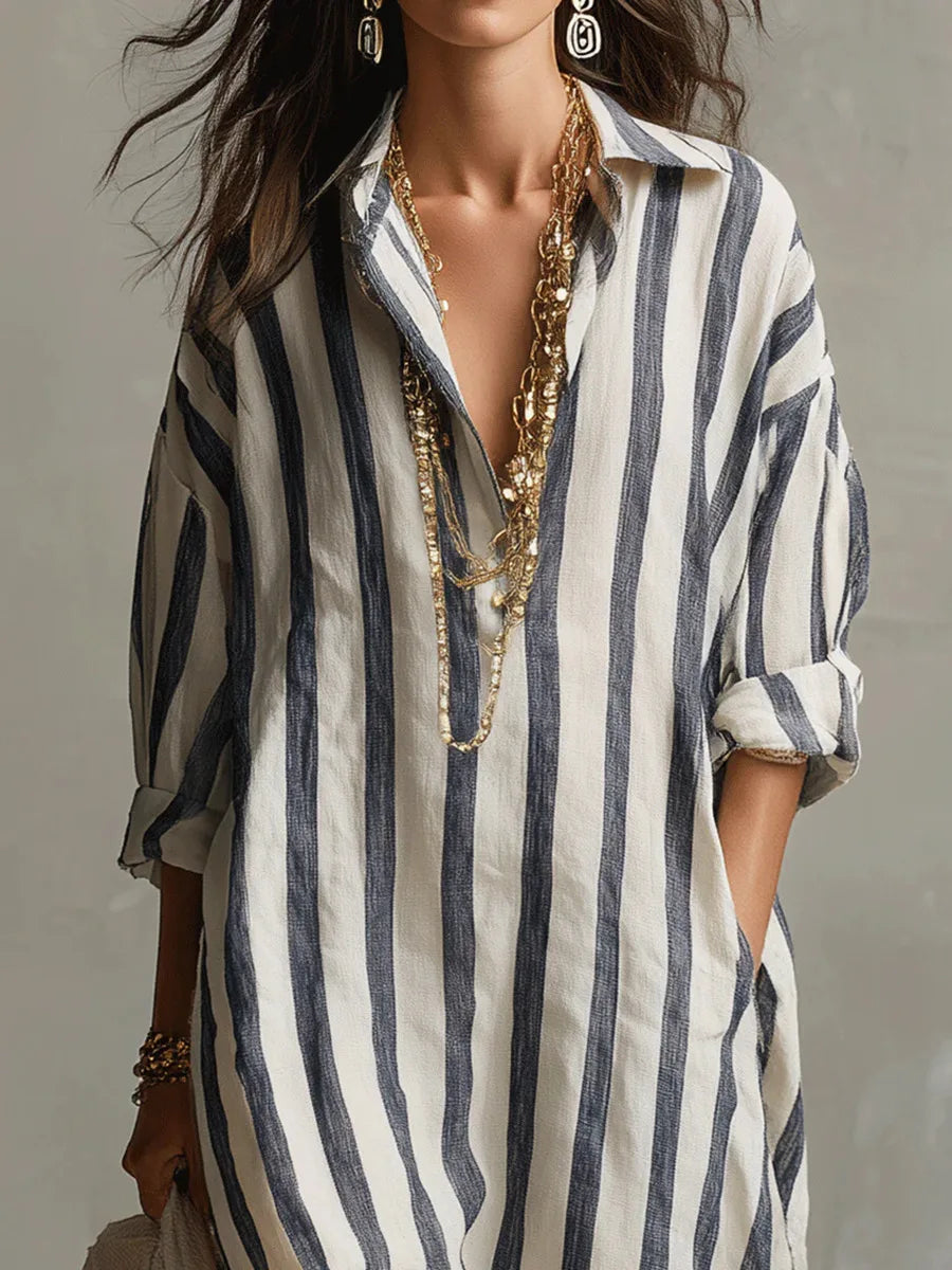 Vestido fluido de mujer, camisero rayado, perfecto para playa y uso diario en verano.