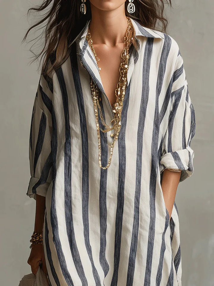 Vestido fluido de mujer, camisero rayado, perfecto para playa y uso diario en verano.