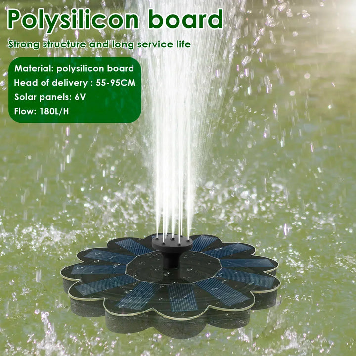 Fuente solar flotante decorativa en un balcón, creando cascadas de agua para un ambiente relajante exterior.