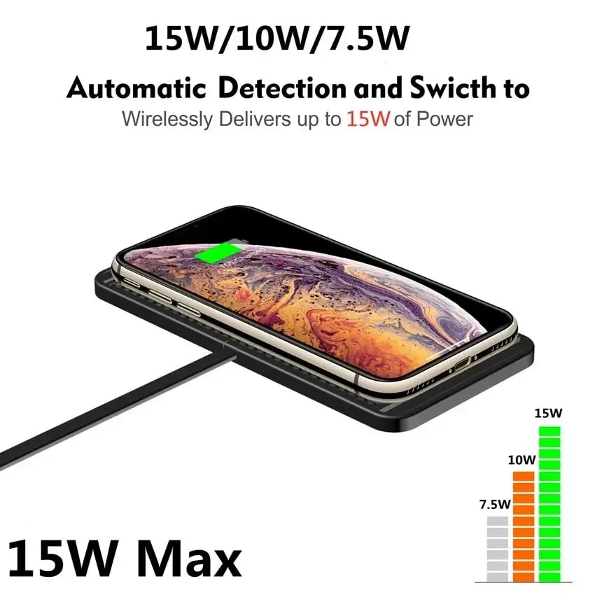 Discreto cargador inalámbrico rápido 15W. Almohadilla ultradelgada, antideslizante, para un smartphone siempre cargado.