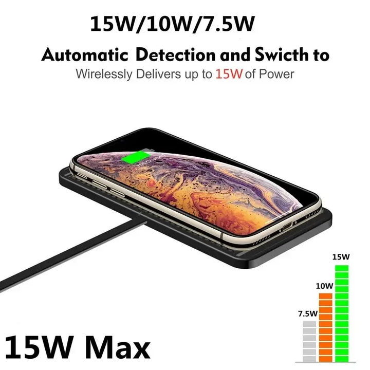 Discreto cargador inalámbrico rápido 15W. Almohadilla ultradelgada, antideslizante, para un smartphone siempre cargado.