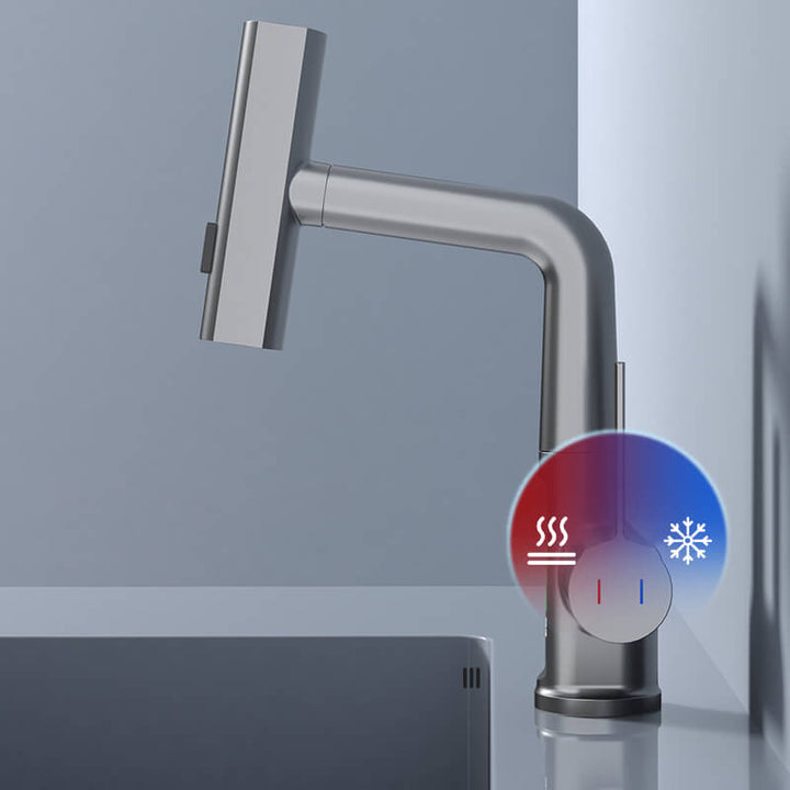 Grifo de cocina elegante con boquilla extraíble, rociador y pantalla LED para agua caliente.