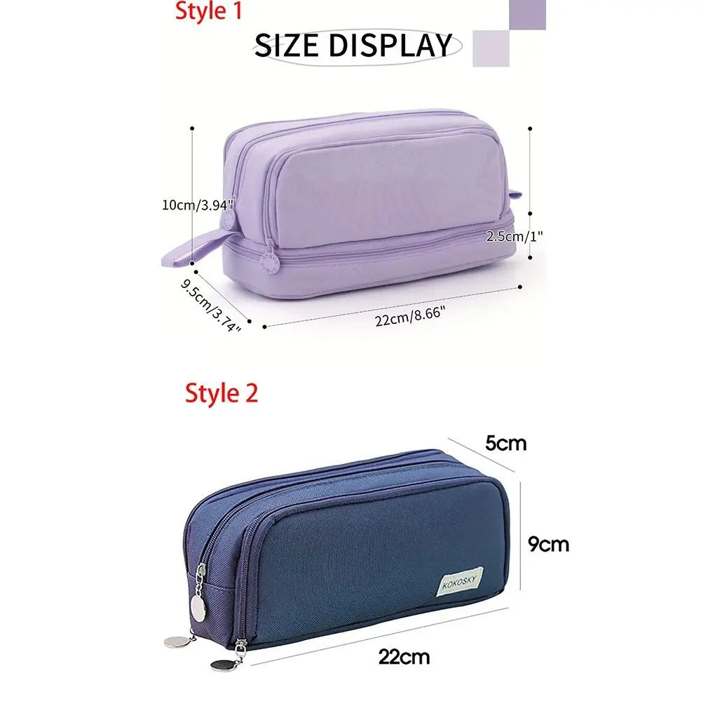 Estuche escolar textil con cremalleras, 4 divisiones internas para organizar lapices y material de estudio.