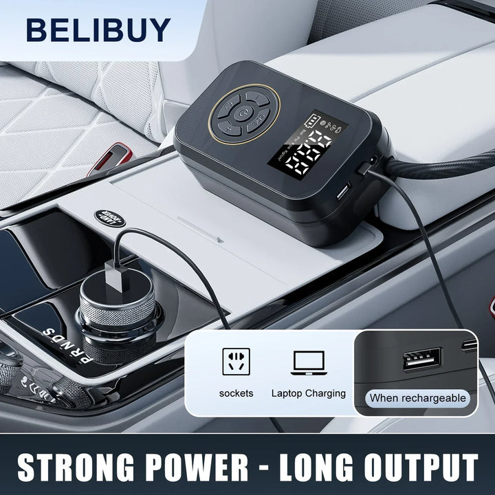 Compresor aire digital inalámbrico. Hinchador de neumáticos portátil con pantalla LCD y power bank para inflado preciso y carga móvil.