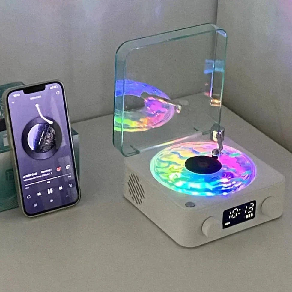 Altavoz Bluetooth retro con proyector de estrellas y sonidos relajantes para ambiente.
