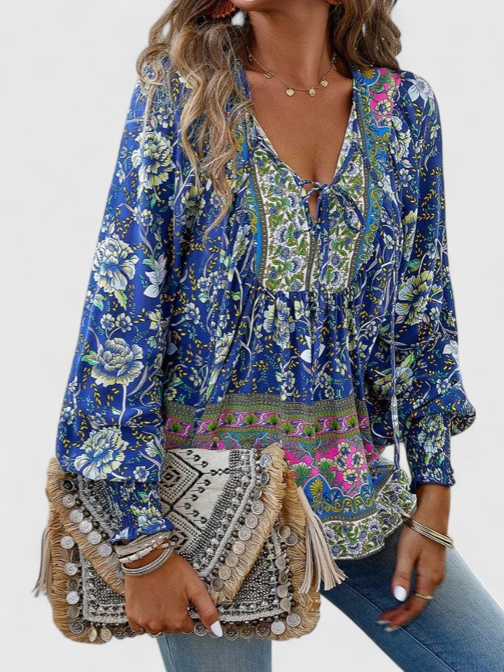 Ropa cómoda femenina: blusa bohemia floral de manga larga para mujer, estampado casual de verano.