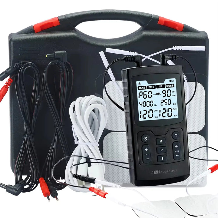 Avanzado electroestimulador 4 en 1 para alivio del dolor, entrenamiento y recuperación de musculos.