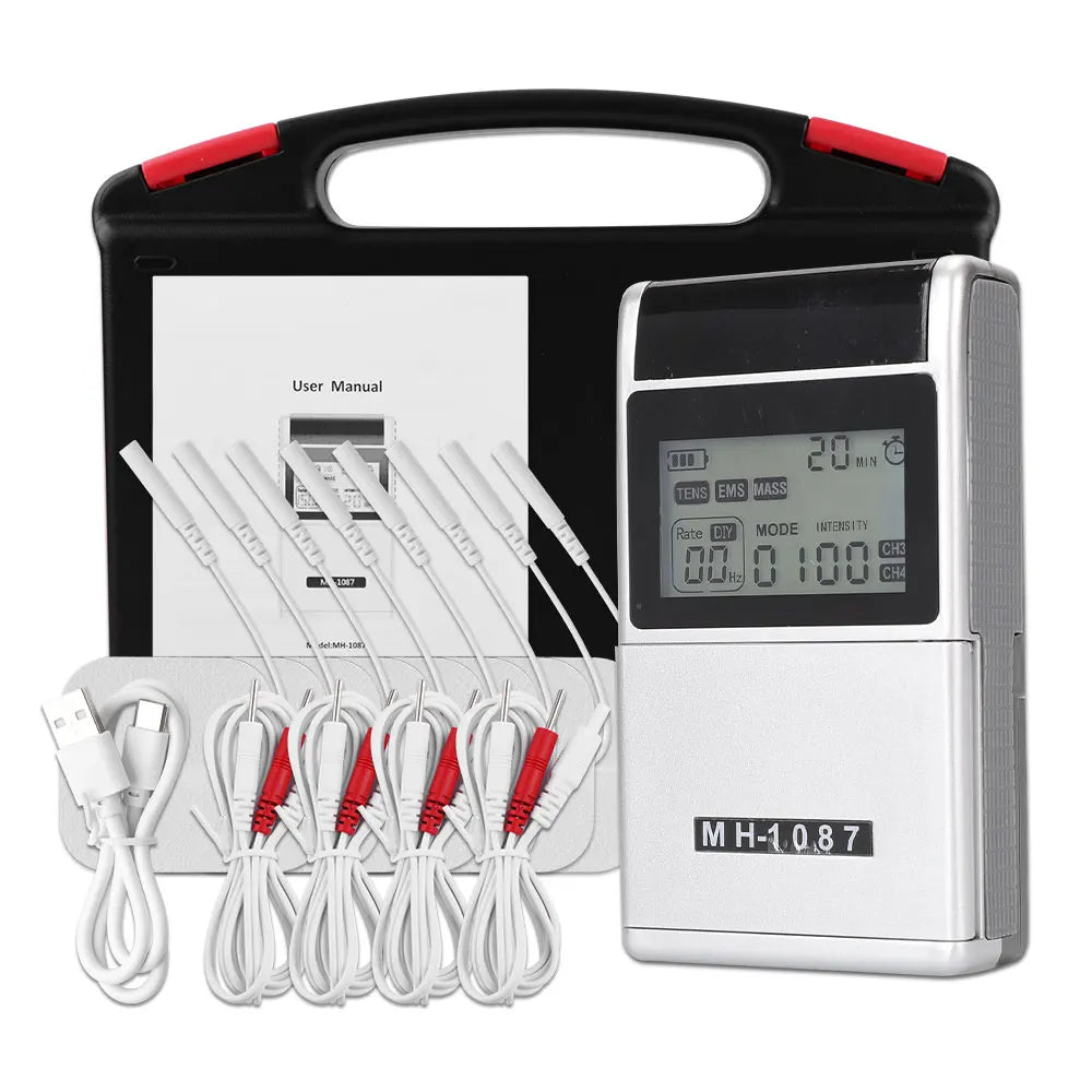 Estimulador muscular TENS EMS para fisioterapia, ideal para hombres y mujeres, facilita la recuperación.