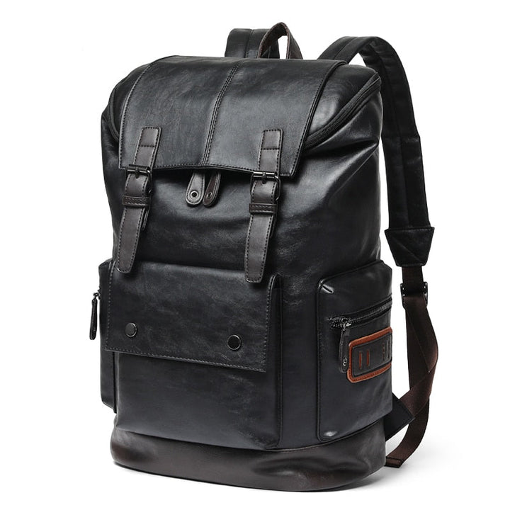 Mochila vintage negra para hombre, estilo elegante. Ideal para viaje, trabajo y uso diario con capacidad para portátil.