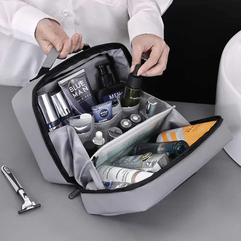 Neceser de viaje negro impermeable, organizador portátil para artículos de aseo de hombre y mujer.