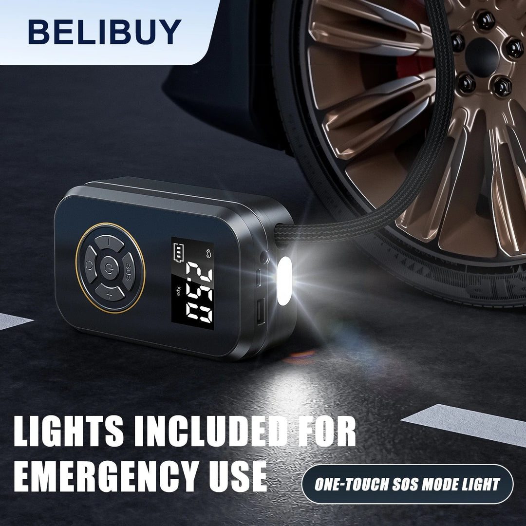 Compresor de aire inalámbrico portátil para coche. Hinchador de neumáticos digital con batería recargable, ideal viajes y exterior.
