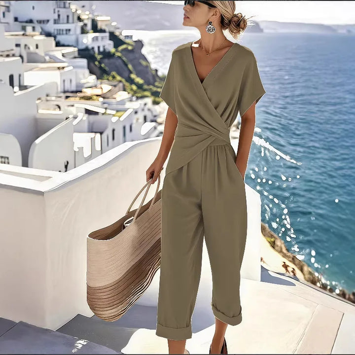 Mono elegante de verano para mujer, tejido fluido. Escote cruzado y diseño de pierna ancha transpirable.