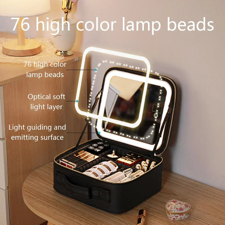 Organizador de maquillaje portátil con espejo LED, estuche esencial para la belleza femenina.