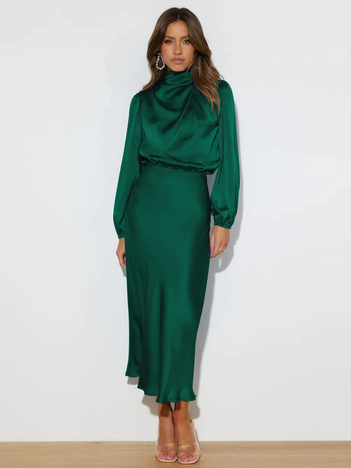 Vestido midi femenino con cuello alto y manga larga, una opción elegante y moderna para ti.