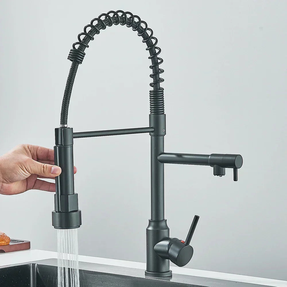 Grifo de cocina monomando flexible estilo moderno en acero inoxidable.