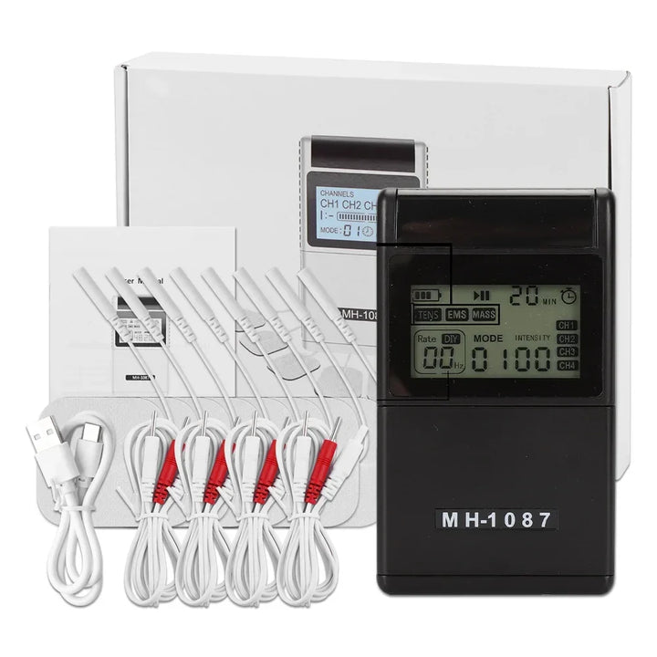 Dispositivo de bienestar muscular TENS EMS unisex, kit con 4 electrodos para alivio instantáneo.