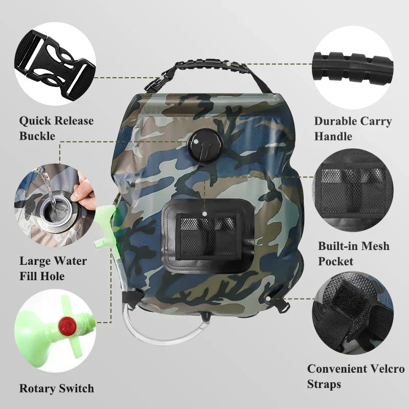 Ducha portátil 20L para exterior, ideal para viajes, camping, playa y aventuras al aire libre en verano.